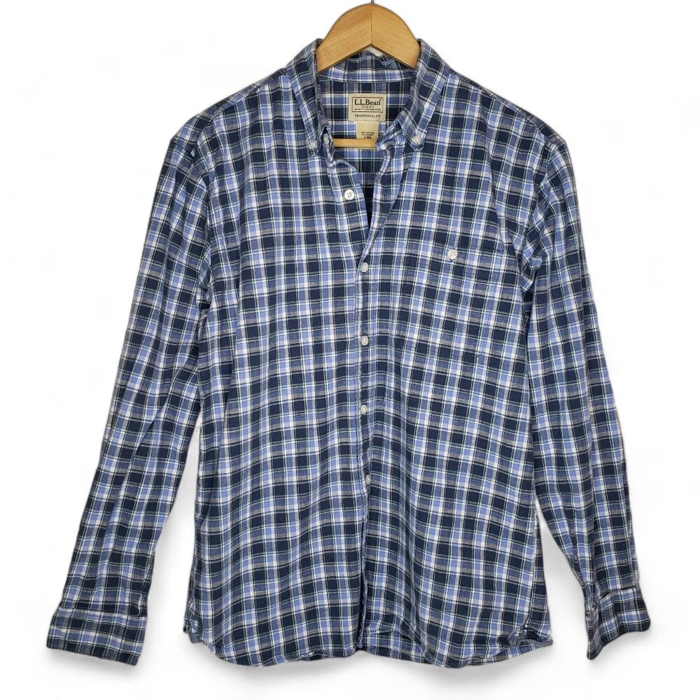 L.L. Bean Chambray Plaid Shirt Men Blue Stretch Preppy Untucked Fit Country S